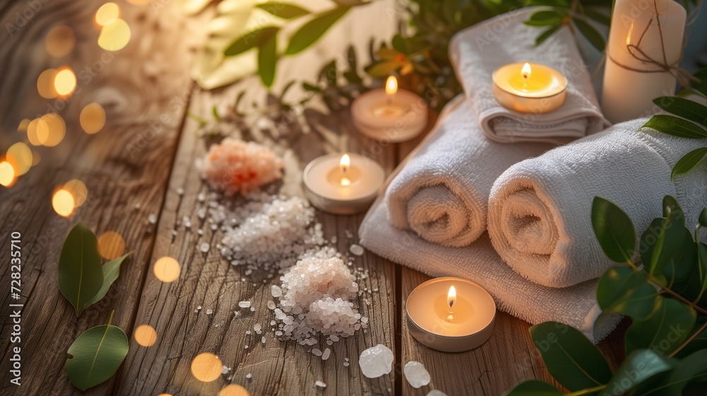 A serene spa setup featuring rolled towels, lit candles, and Himalayan salt on a rustic wooden background for relaxation. A serene spa setup featuring rolled towels, lit candles, and Himalayan salt on a rustic wooden background for relaxation.
