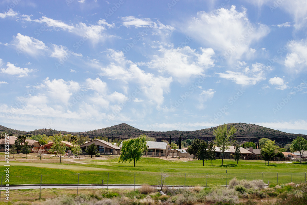 Fototapeta premium Desert in Arizona with green bushes and cacti on a sunny day with blue sky and white clouds. Nature near Phoenix, Arizona, USA