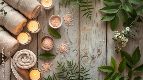 A serene spa setup featuring rolled towels, lit candles, and Himalayan salt on a rustic wooden background for relaxation.