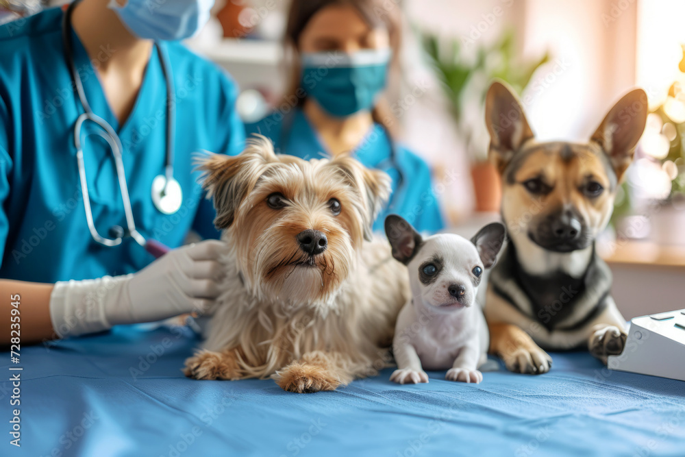 An assortment of cheerful dogs, including a husky, a corgi, and a French bulldog, enjoy attention from veterinary staff. An assortment of cheerful dogs, including a husky, a corgi, and a French bulldog, enjoy attention from veterinary staff.