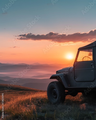 Off-road vehicle at sunset on a mountainous terrain, capturing the spirit of adventure and exploration © Breezze