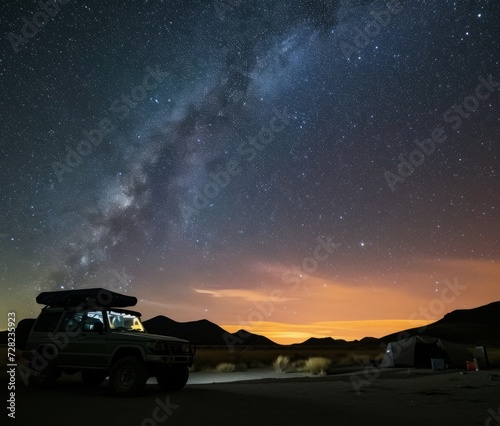 Starry night sky over a desert camp with off-road vehicle, the ultimate getaway into the cosmos