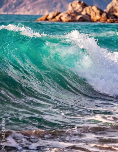 Rough emerald waves on the coast. © two K