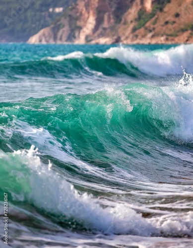 Rough emerald waves on the coast.