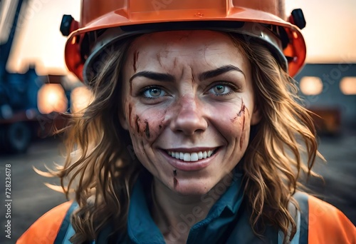 a female oil rig worker or construction worker dirty from a long days work on the oil rigs in northern Canada