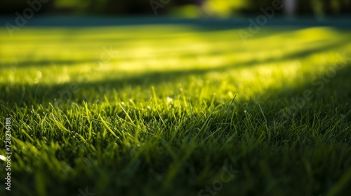 Vivid shadows on a lush green soccer field, capturing the interplay of light and texture in sports