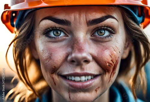 a female oil rig worker or construction worker dirty from a long days work on the oil rigs in northern Canada photo