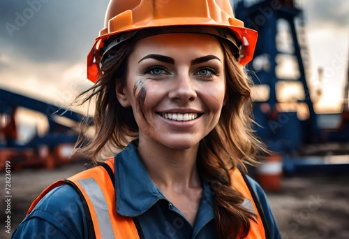 a female oil rig worker or construction worker dirty from a long days work on the oil rigs in northern Canada photo