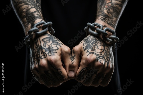 Rough male hands chained with iron. Imprisoned man in struggle. Captives torment and confinement.