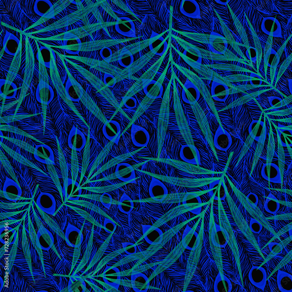 Peacock feathers and palm leaves on night jungle seamless pattern Peacock feathers and palm leaves on night jungle seamless pattern