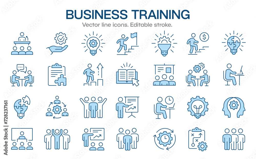 © lovemask - Business, training icons set. Collection of workshop, coaching, mentoring, education, meeting, teamwork and much more. Vector illustration isolated on white. Editable stroke. © lovemask - Business, training icons set. Collection of workshop, coaching, mentoring, education, meeting, teamwork and much more. Vector illustration isolated on white. Editable stroke.