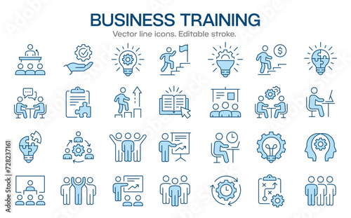 Business, training icons set. Collection of workshop, coaching, mentoring, education, meeting, teamwork and much more. Vector illustration isolated on white. Editable stroke.