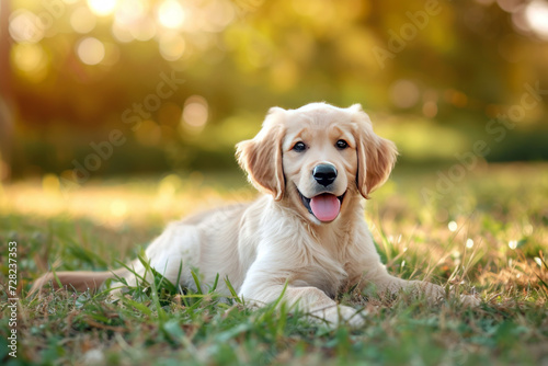 A golden retriever puppy enjoying a sunny day in the park, looking healthy and playful