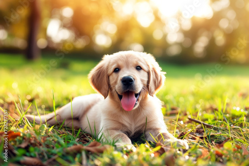 A charming golden retriever puppy lies in the grass, basking in the golden light of a sunny day.