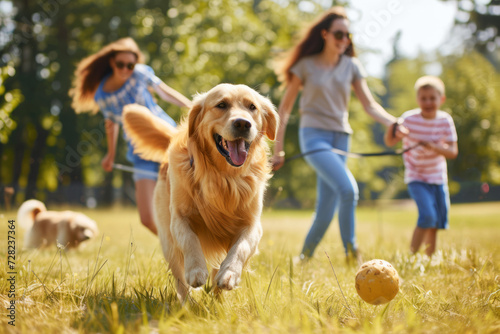 A happy golden retriever enthusiastically catches a ball, while a family plays in the background on a sunny summer day.