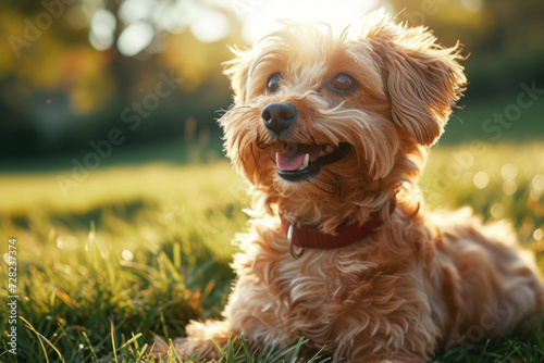 A small, happy dog with a shiny coat and collar enjoys a sunny day while lying in a lush green lawn.