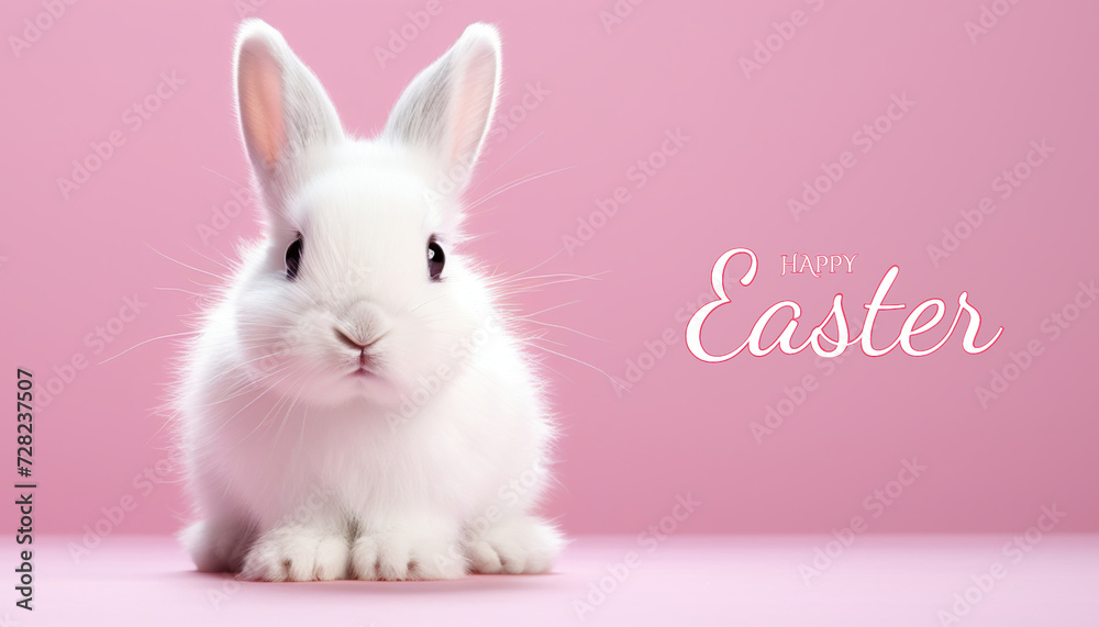 Obraz premium Little white bunny. Isolated over pink background. Happy Easter.