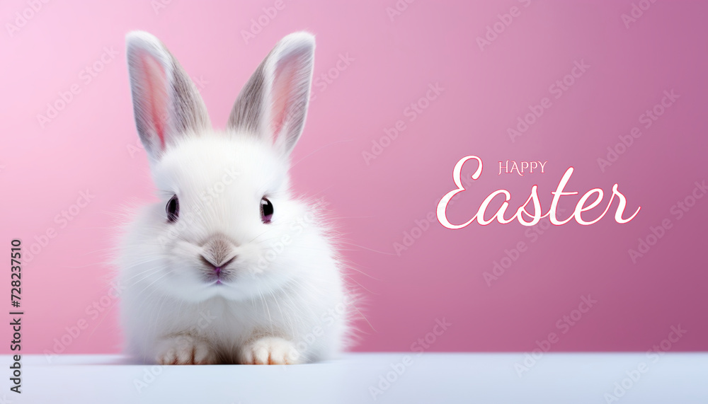 Fototapeta premium Little white bunny. Isolated over pink background. Happy Easter.