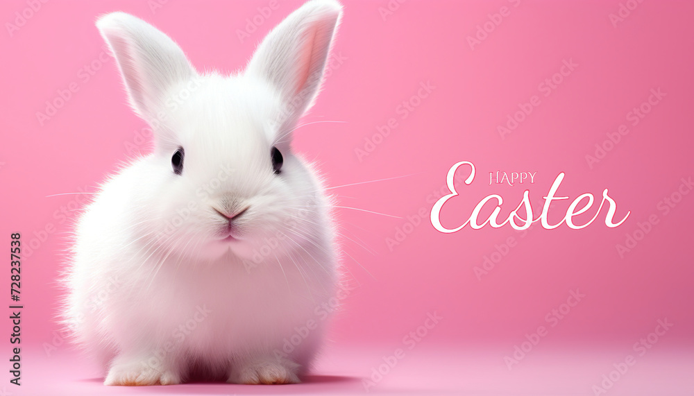 Obraz premium Little white bunny. Isolated over pink background. Happy Easter.