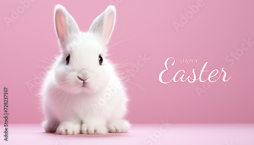 Little white bunny. Isolated over pink background. Happy Easter.