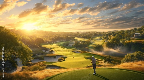 A golfer taking a shot from an elevated tee box, overlooking a beautifully designed golf course photo