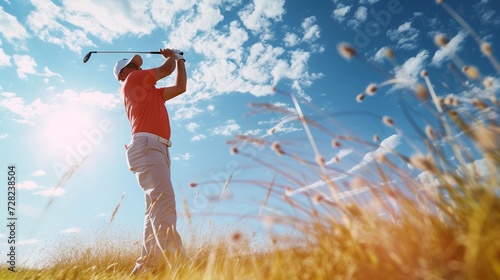 man in the field with golfer equipment