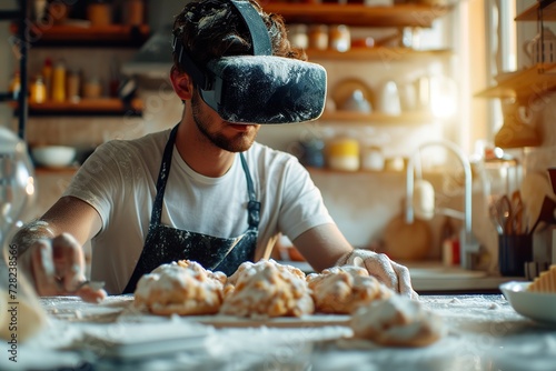 Man Chopping Vegetables with VR Headset in Modern Kitchen.