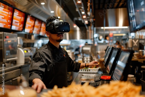 Chef in VR Headset Overseeing Fast Food Restaurant. photo