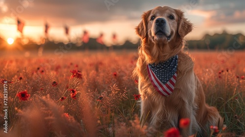 Golden Retriever in a Field of Red Flowers, Wearing a Bandana with an American Flag Design, and Staring at the Camera Generative AI
