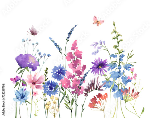 Watercolor colorful blue pink wildflowers and butterflies, meadow border, Spring summer Botanical illustration