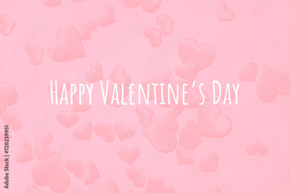 tinted photograph, pink color. pink hearts on a delicate pink background with text happy valentines day