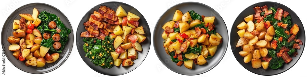 spinach with potatoes bacon and chipolata on a plate, top view spinach with potatoes bacon and chipolata on a plate, top view