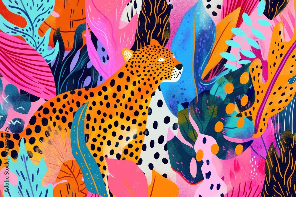 Vibrant digital illustration of leopards in a colorful abstract jungle setting Vibrant digital illustration of leopards in a colorful abstract jungle setting