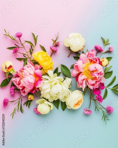 Vivid floral composition featuring summer blooms on a pastel pink and blue background