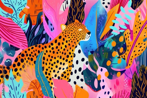 Vibrant digital illustration of leopards in a colorful abstract jungle setting