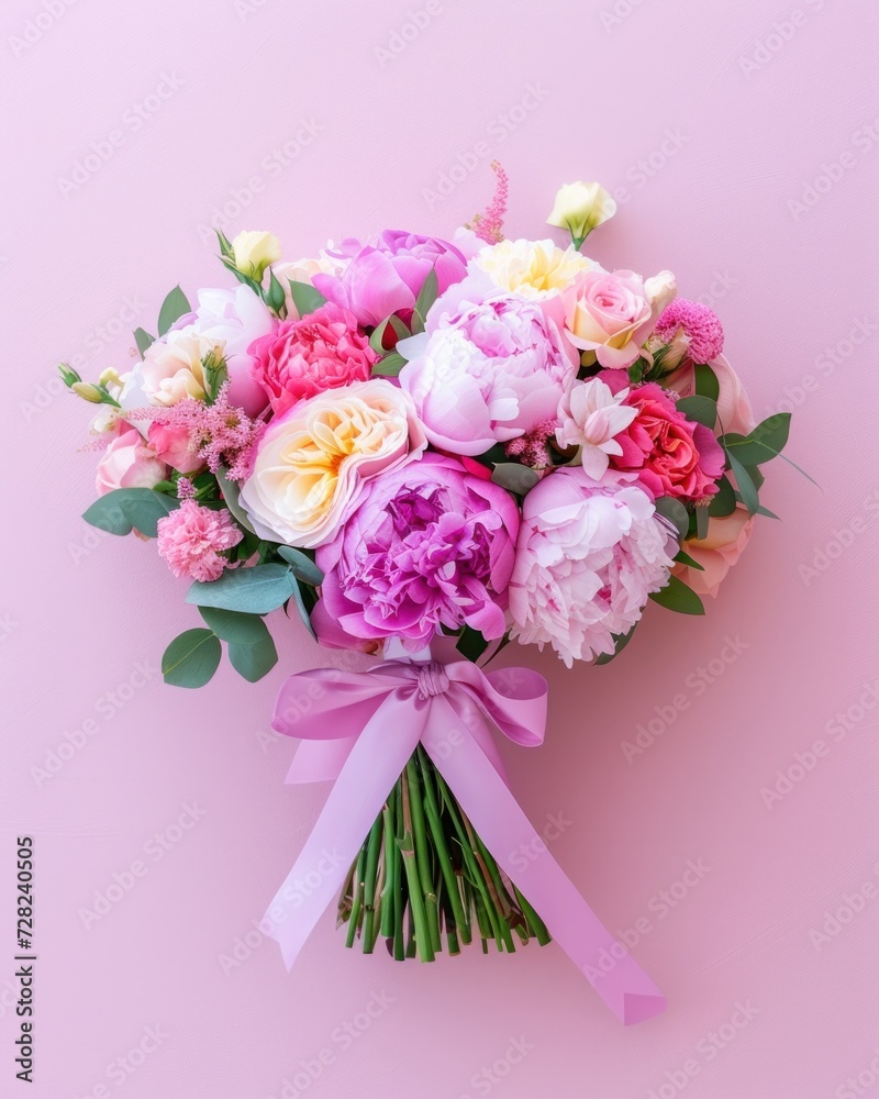 Stunning bouquet of pink and white flowers with lush greenery, tied with a lavender ribbon on a pink backdrop