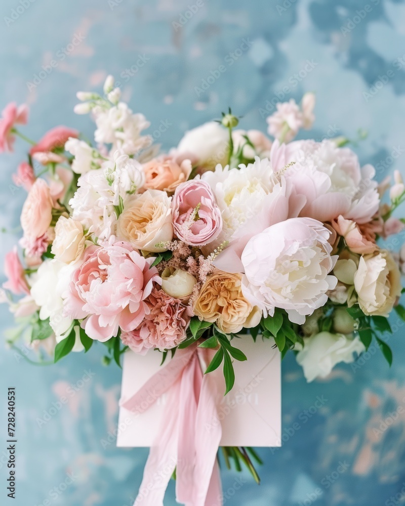 A tasteful floral bouquet with pastel roses and peonies next to an envelope, positioned on a marble surface
