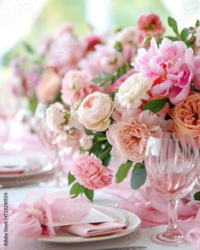 Close-up of an elegant wedding reception table setting with soft pink floral decorations and glassware