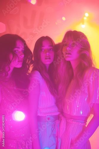 Three women captured in a dreamy atmosphere under vibrant pink and yellow neon lights