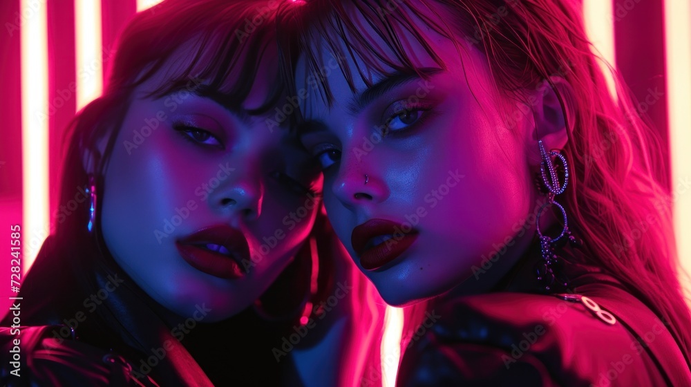 Obraz premium Dramatic dual portrait of women with striking neon lighting and compelling gaze into camera