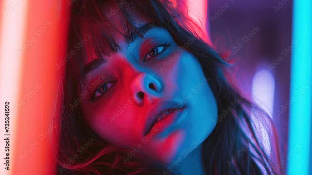 Close-up portrait of a woman's face, bathed in contrasting red and blue neon lights, creating an intimate ambiance Close-up portrait of a woman's face, bathed in contrasting red and blue neon lights, creating an intimate ambiance