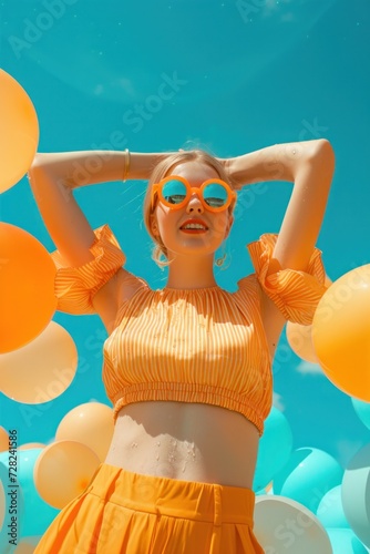 Happy woman in a summer outfit enjoying a sunny day with colorful balloons against a clear blue sky