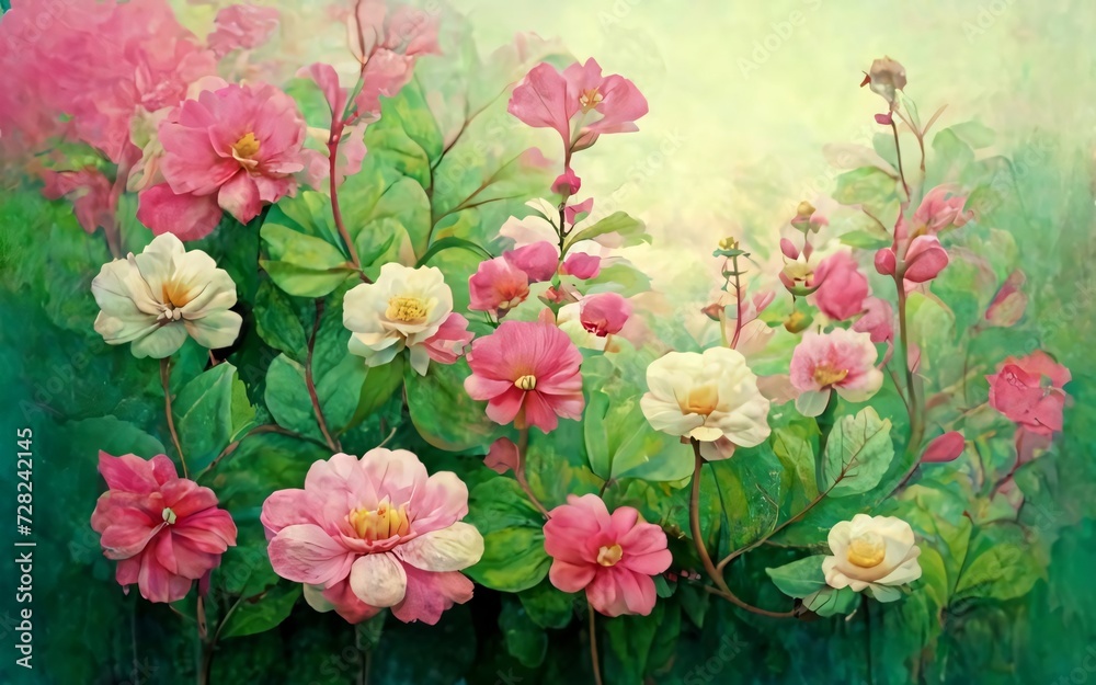 Serene garden scene on a vibrant pink floral background. Where delicate blossoms sway in the breeze, creating a symphony of colors and fragrances.