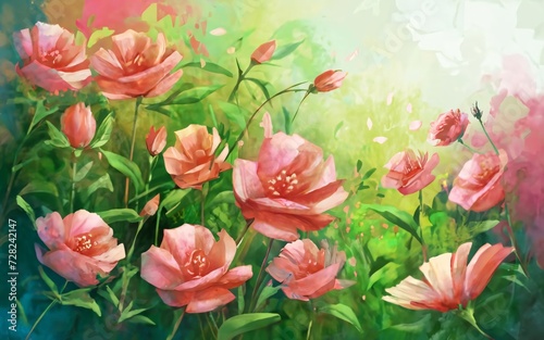 Serene garden scene on a vibrant pink floral background. Where delicate blossoms sway in the breeze, creating a symphony of colors and fragrances.