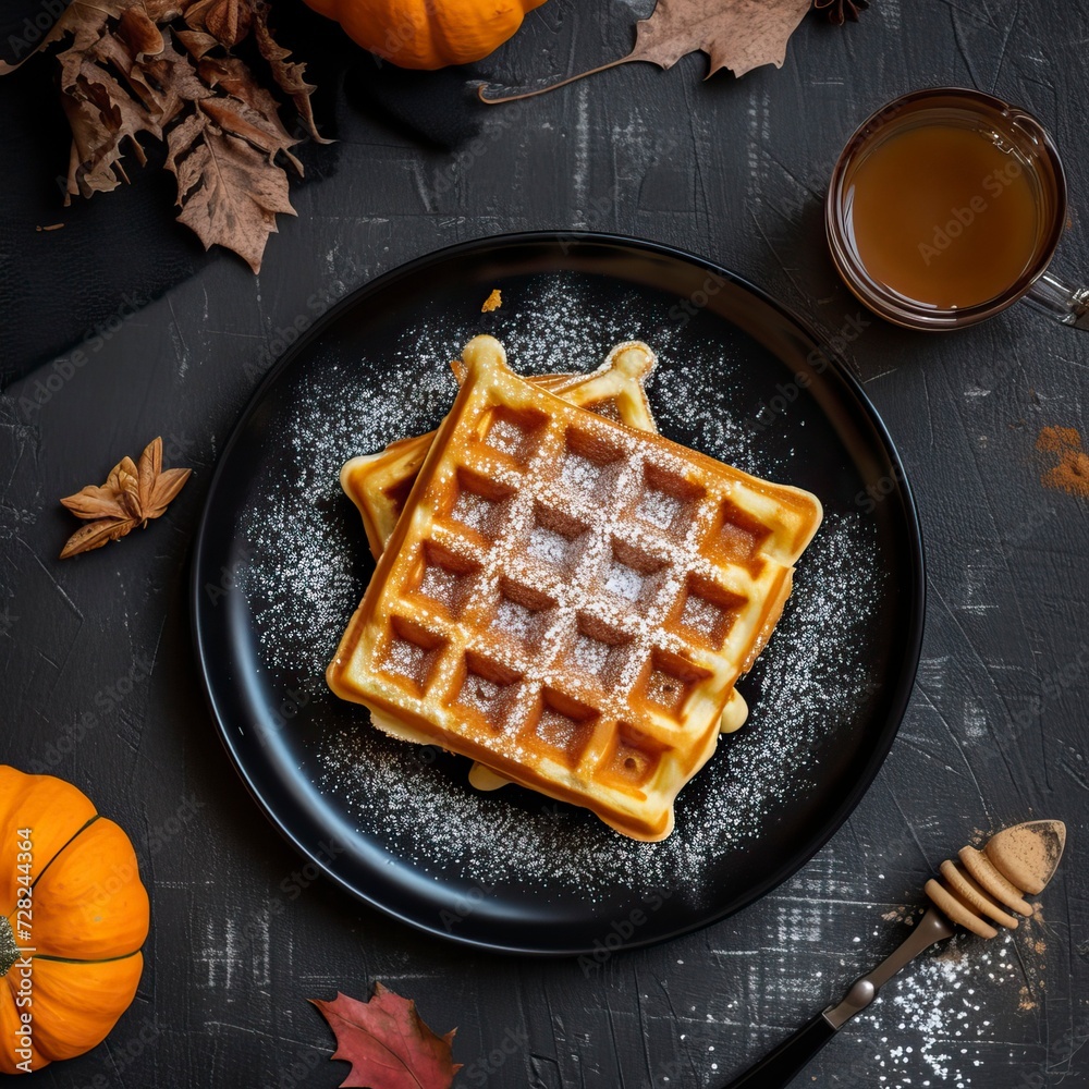 Pumpkin Spice Waffles, Black Surface Table, minimalistic decor 