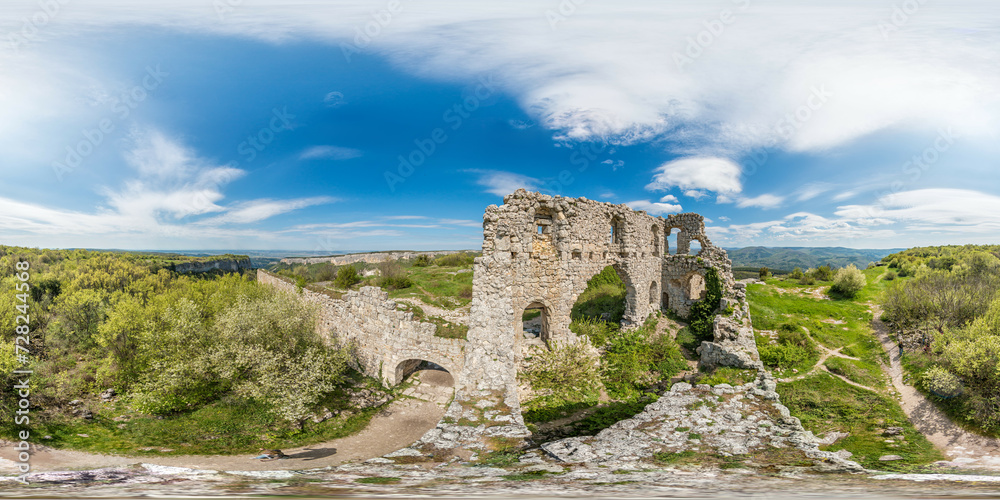 Wide panoramic view on old fortress in mountain landscape with lush green hills under clear blue sky, perfect for outdoor enthusiasts. Seamless 360 degree spherical equirectangular panorama.