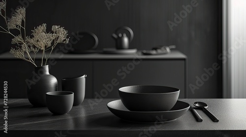 Quinoa Breakfast Bowl, Black Surface Table, minimalistic decor 