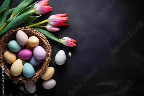 Happy Easter background  Easter eggs scene  Easter bunny ears with easter eggs  Easter poster background template with Easter eggs in the nest  Easter party concept.