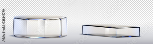 Glass transparent rectangle and hexagon product podiums. Realistic vector illustration set of plexiglass or plastic stands for goods display. Geometric pillar crystal platform and pedestal base.