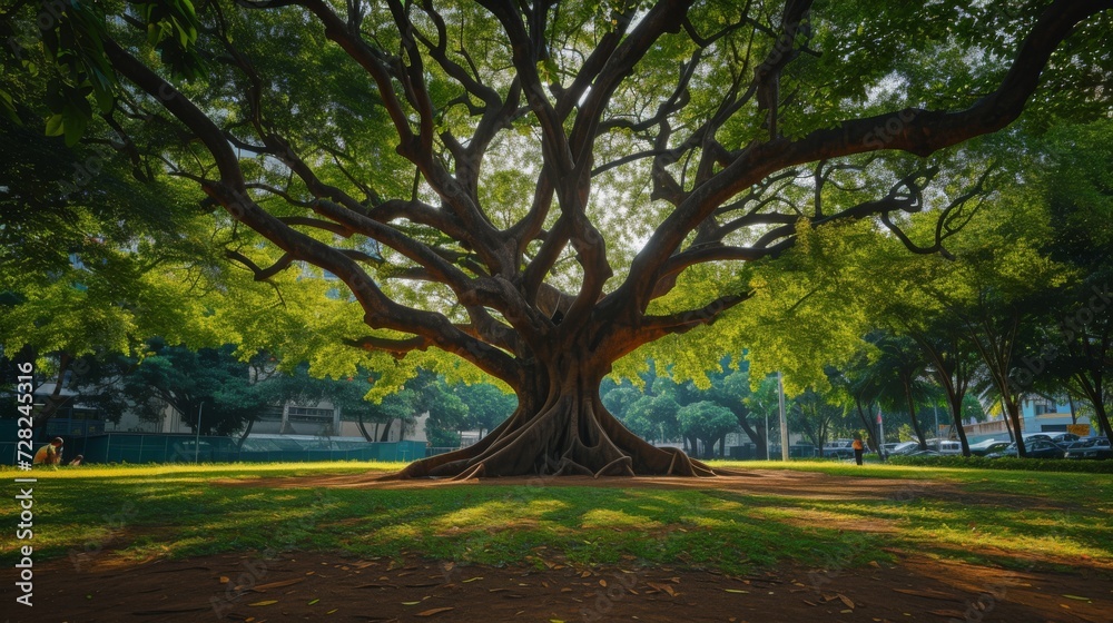 Ancient Tree in Sunlit City Park. Venerable tree spreads its branches in a sun-drenched urban park.